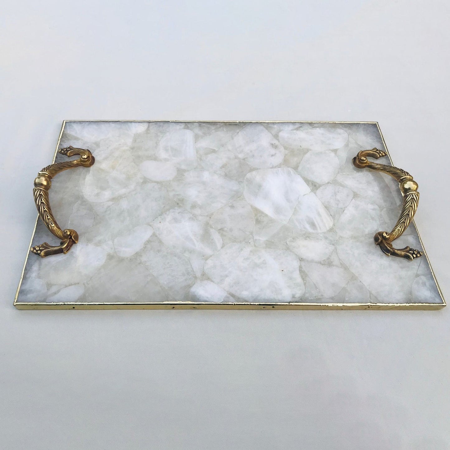 White Agate Serving Tray With Brass Handles