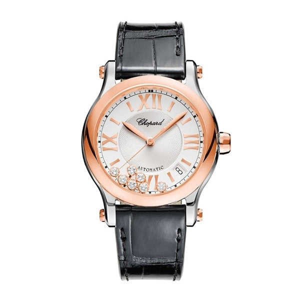 Chopard watch with black leather strap and rose gold - CHOPARD MOD. HAPPY SPORT AUTOMATIC W/Diamonds Maison Elisabeth London