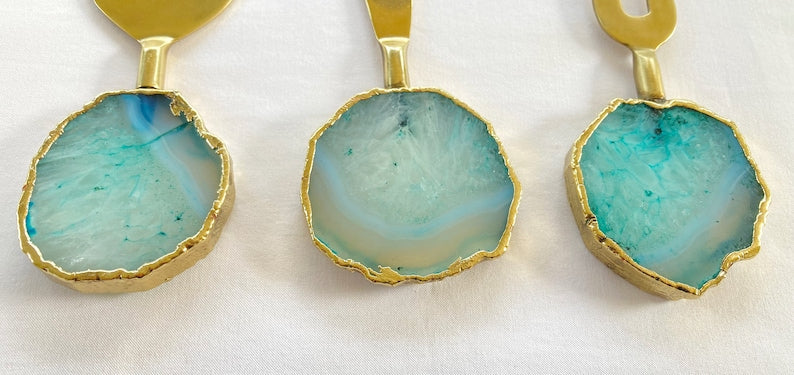 Juego de 3 cuchillos/untadores de queso de ágata aguamarina