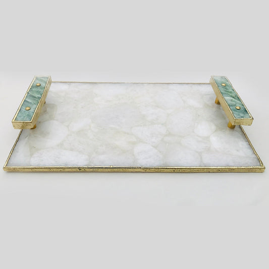 White Crystal Agate Plated Serving Tray With Green Agate Handles/Personalised Momentos/Sign Boards