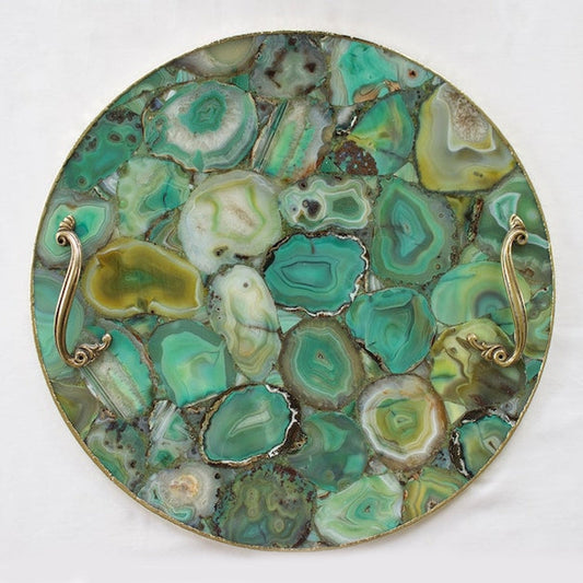Bandeja de ágata verde con asas de latón | Circular