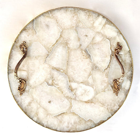 Bandeja de servicio de ágata blanca con asas de latón | Circular |