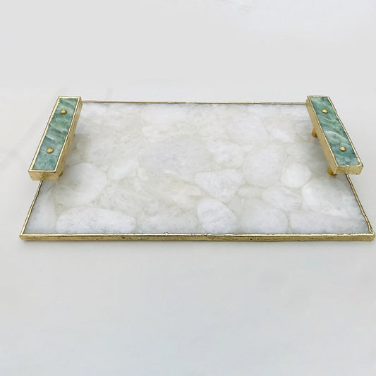 White Crystal Agate Plated Serving Tray With Green Agate Handles/Personalised Momentos/Sign Boards