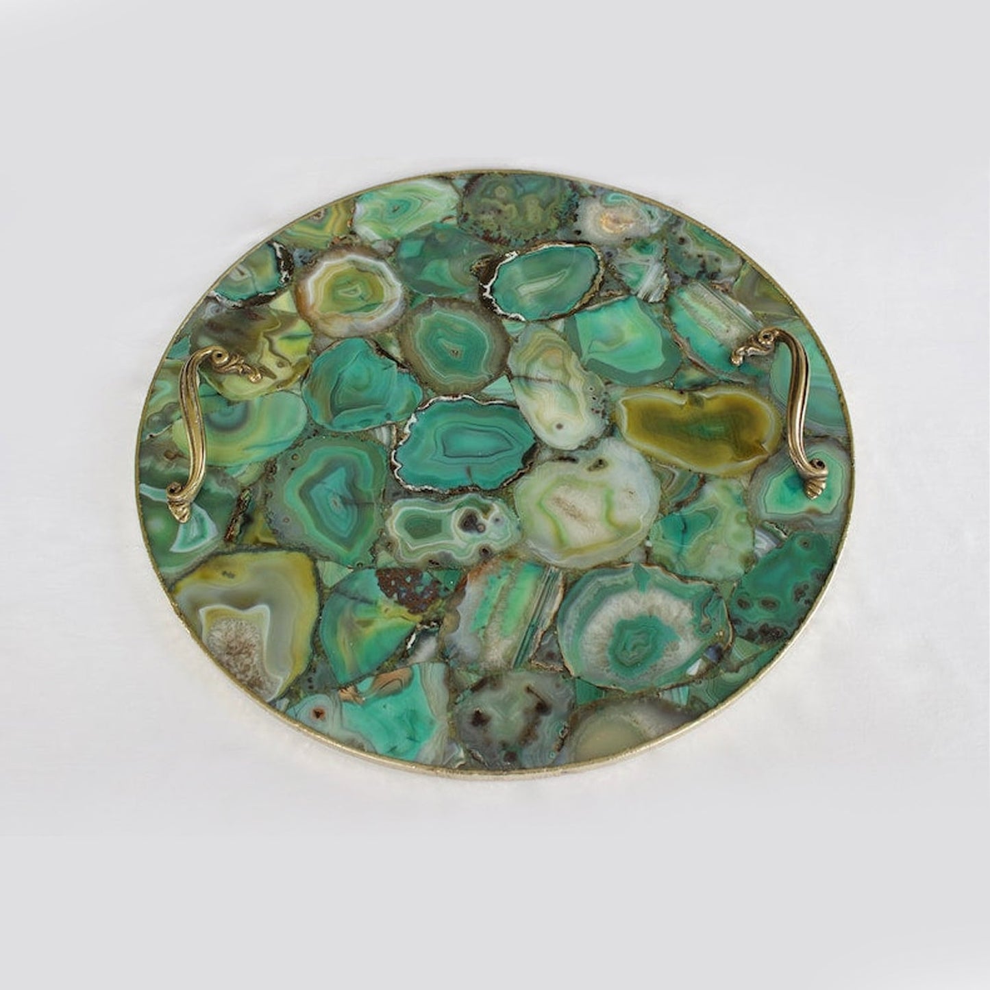 Bandeja de ágata verde con asas de latón | Circular
