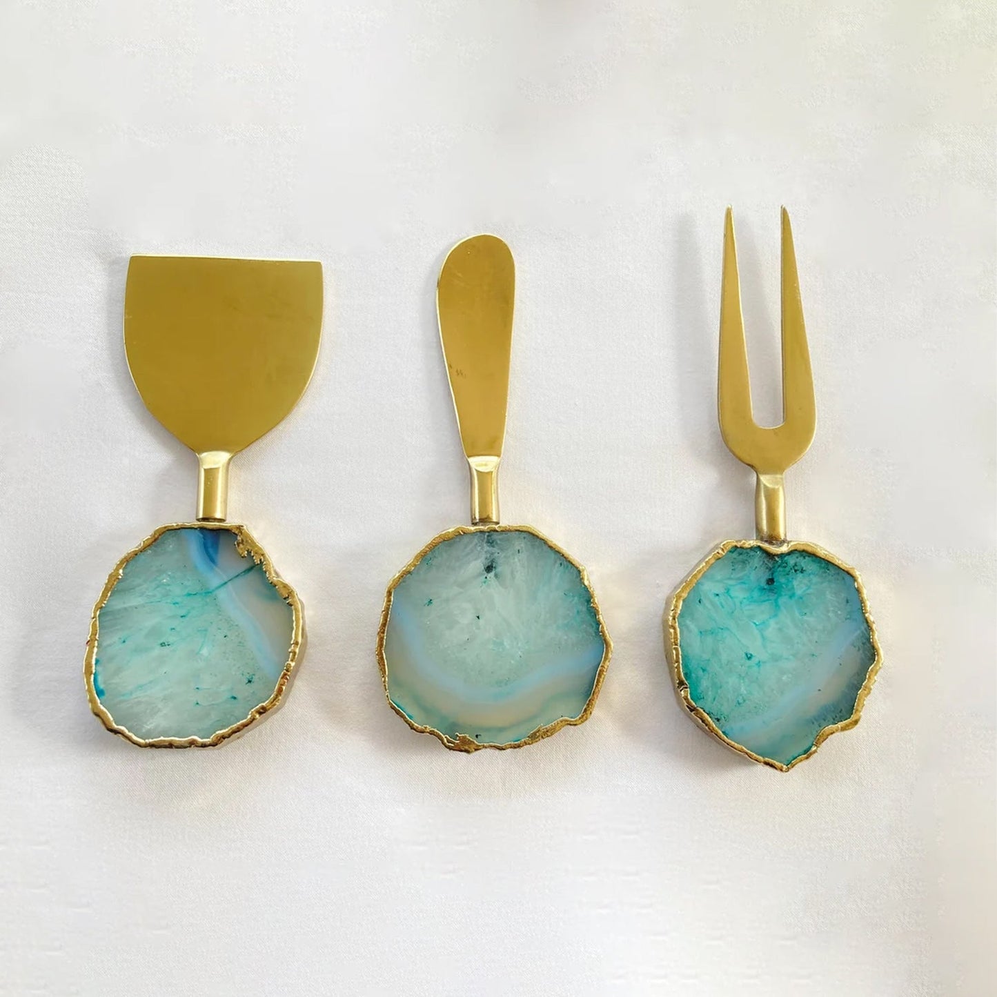 Juego de 3 cuchillos/untadores de queso de ágata aguamarina