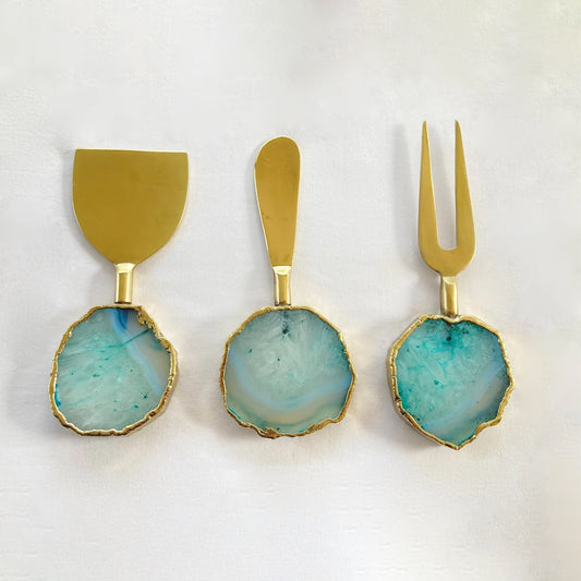 Juego de 3 cuchillos/untadores de queso de ágata aguamarina