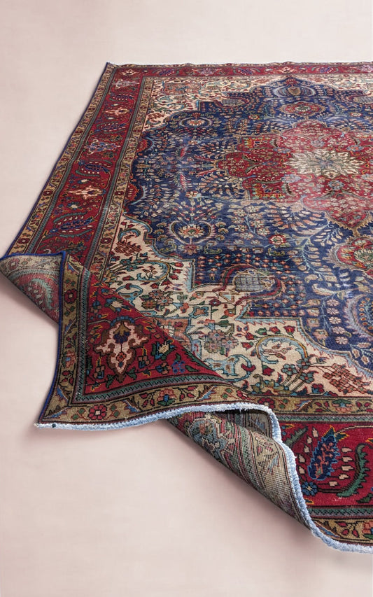 Tabriz - Vintage Persian Red & Blue Overdyed Hand Knotted Wool Rug | 351 x 247 cm