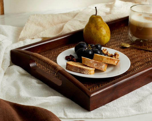 Vera Rectangle Rattan and Wood Serving Tray