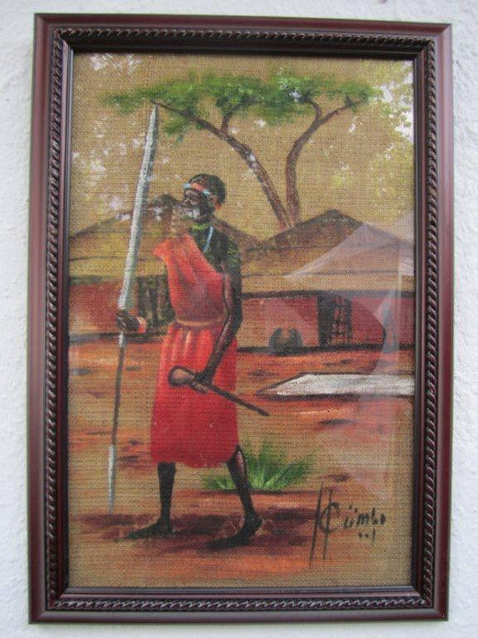 Maasai Warrior Burlap Framed-0