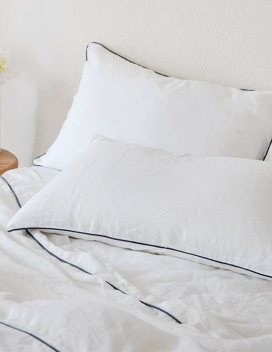 White with Navy Piping  - 100% Pure Linen or Linen Cotton | 3 Piece Piped Duvet Cover Set | Handmade | Pre-washed