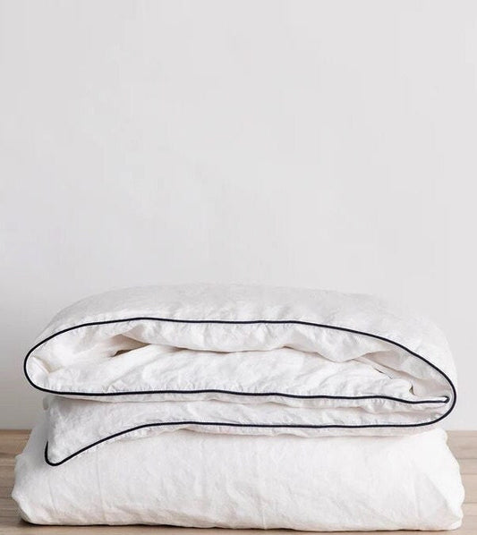 White with Navy Piping  - 100% Pure Linen or Linen Cotton | 3 Piece Piped Duvet Cover Set | Handmade | Pre-washed